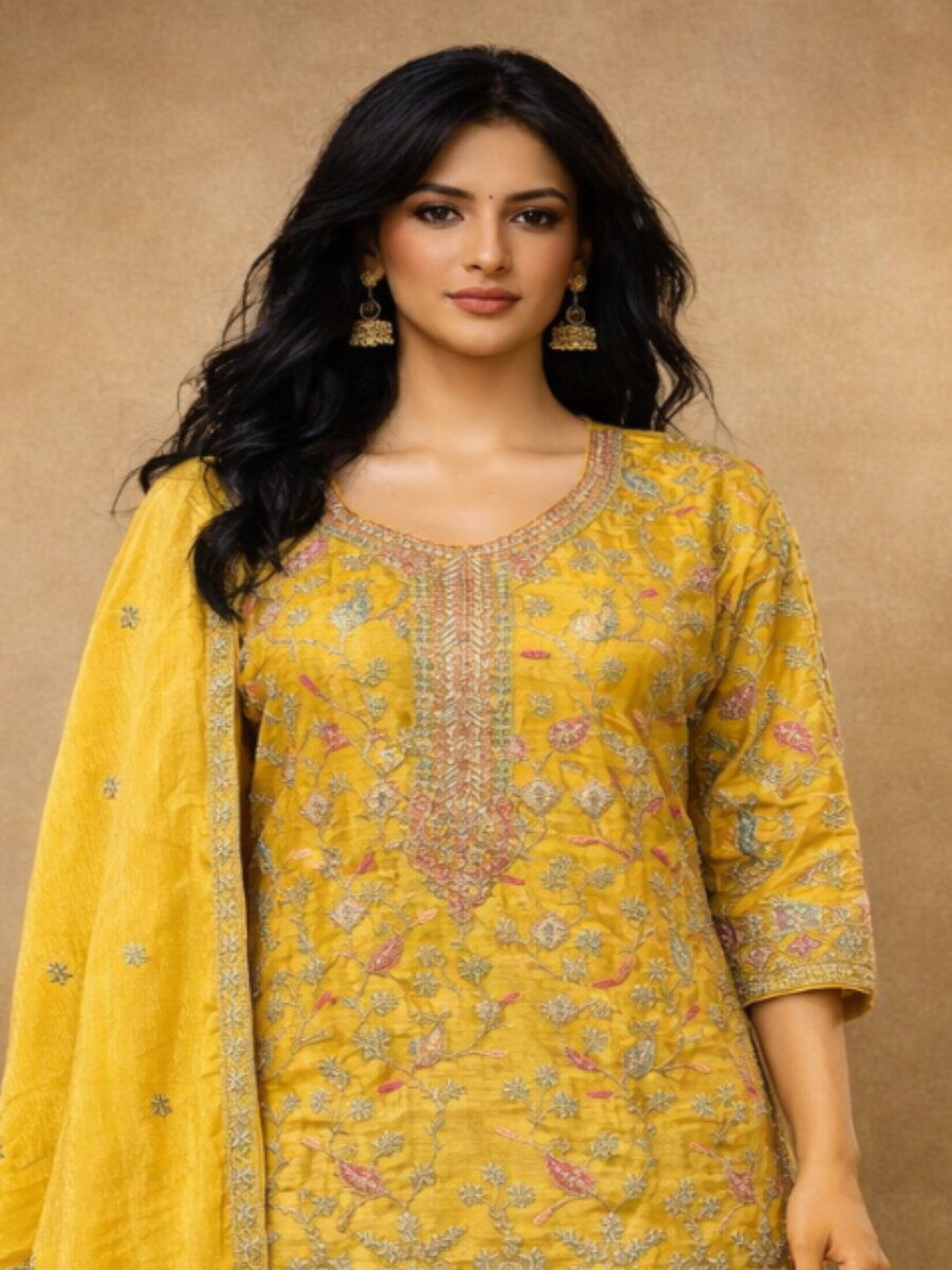 Yellow Heavy Airtex Chinon Embroidery Wedding Party Festival Casual Ready Palazzo Pant Salwar Kameez