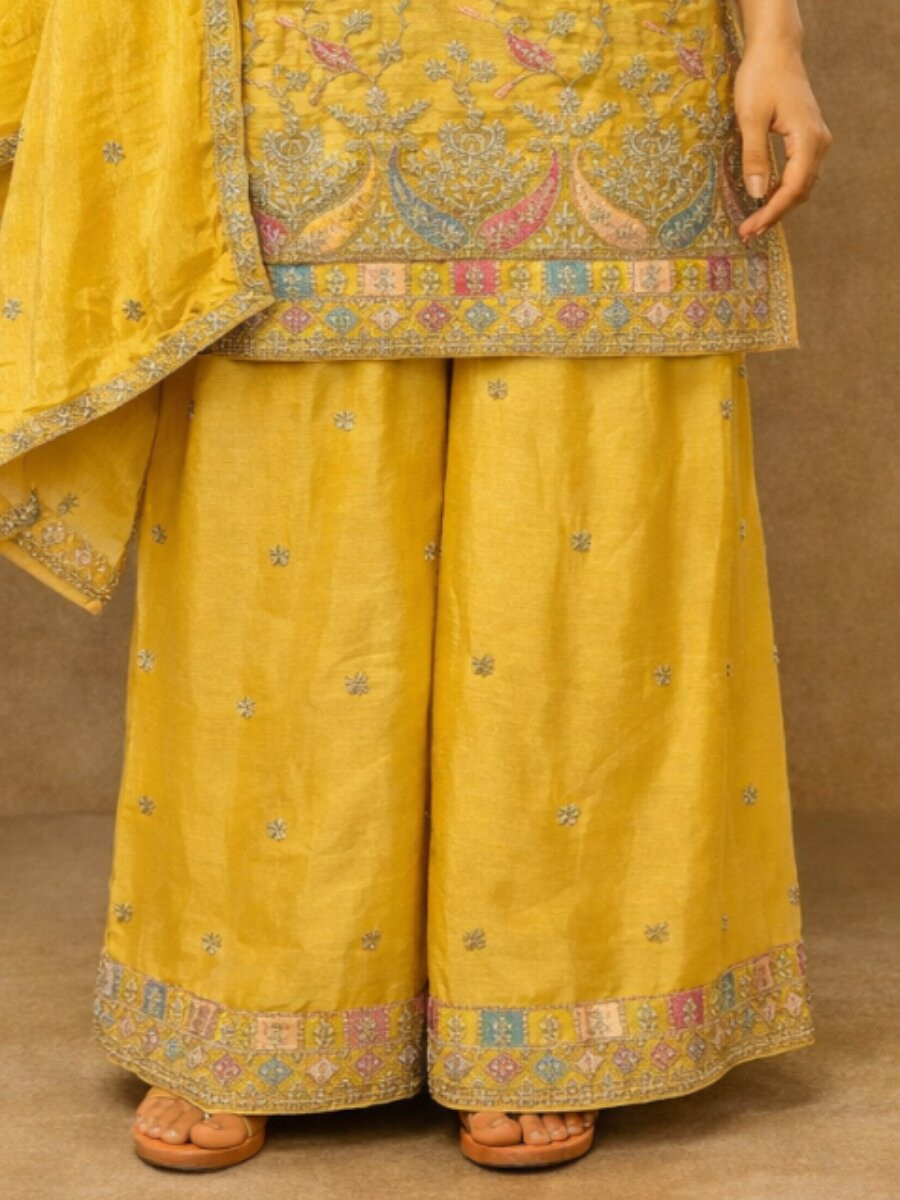 Yellow Heavy Airtex Chinon Embroidery Wedding Party Festival Casual Ready Palazzo Pant Salwar Kameez