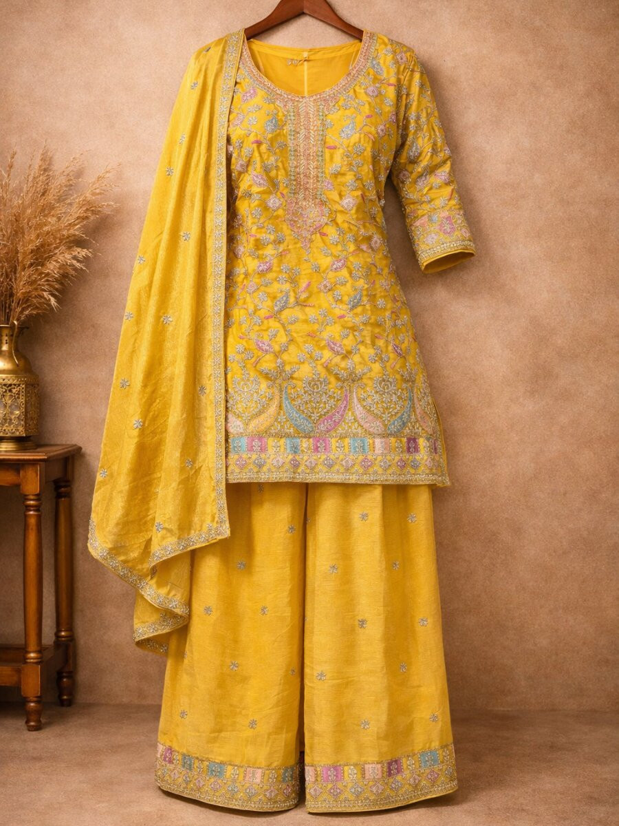 Yellow Heavy Airtex Chinon Embroidery Wedding Party Festival Casual Ready Palazzo Pant Salwar Kameez