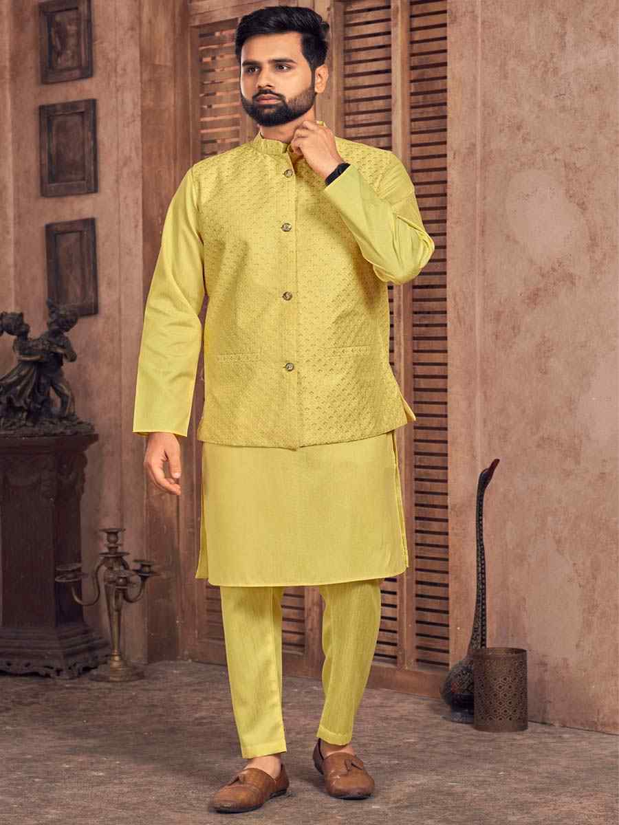 Yellow Heavy Banglori Silk Embroidered Festival Party Kurta