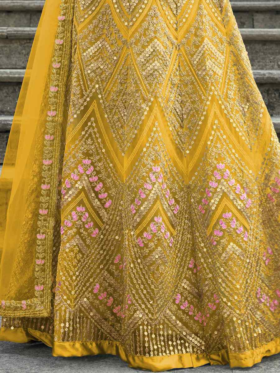 Yellow Heavy Butterfly Net Embroidered Festival Wedding Anarkali Salwar Kameez