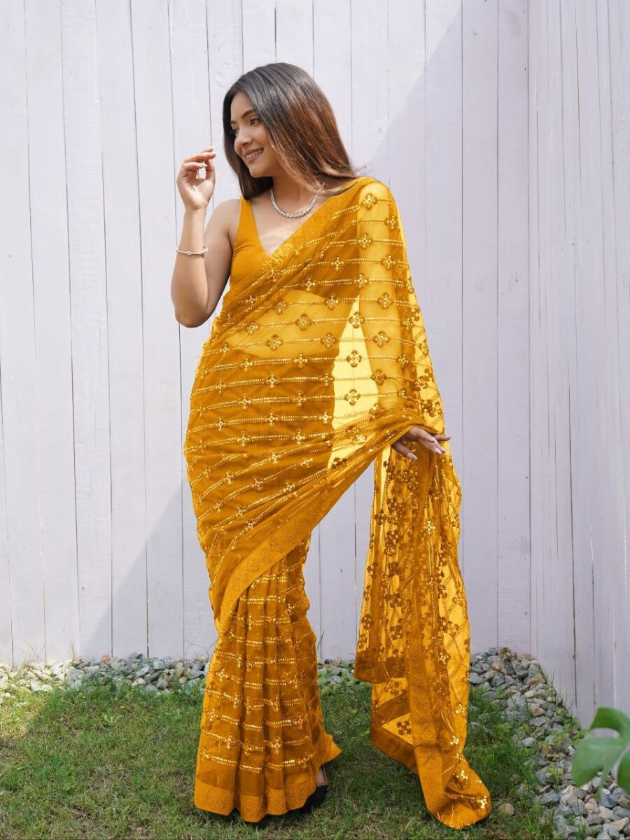 Yellow Heavy Butterfly Net Sequins Wedding Reception Party Festival Heavy Border Sarees