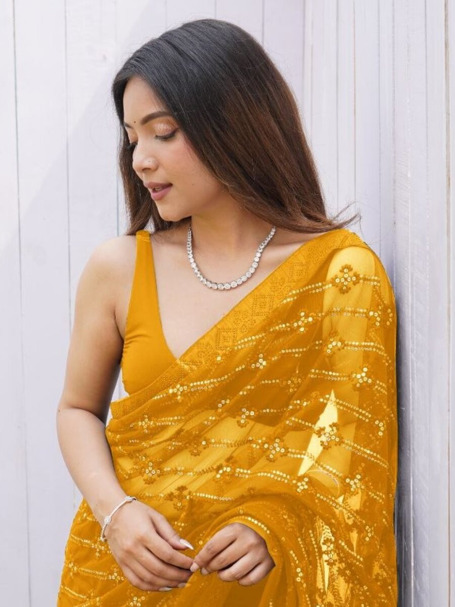 Yellow Heavy Butterfly Net Sequins Wedding Reception Party Festival Heavy Border Sarees