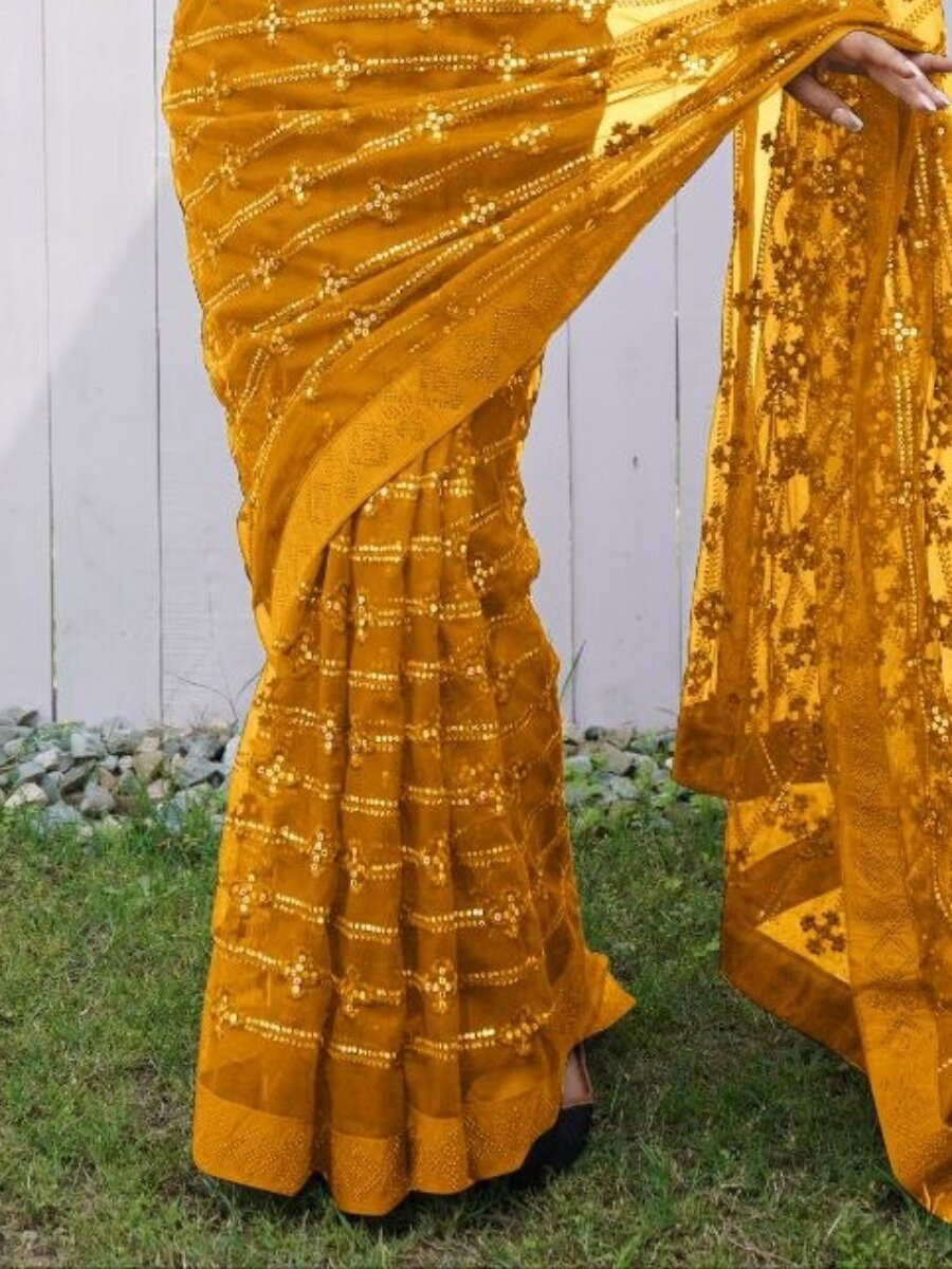 Yellow Heavy Butterfly Net Sequins Wedding Reception Party Festival Heavy Border Sarees