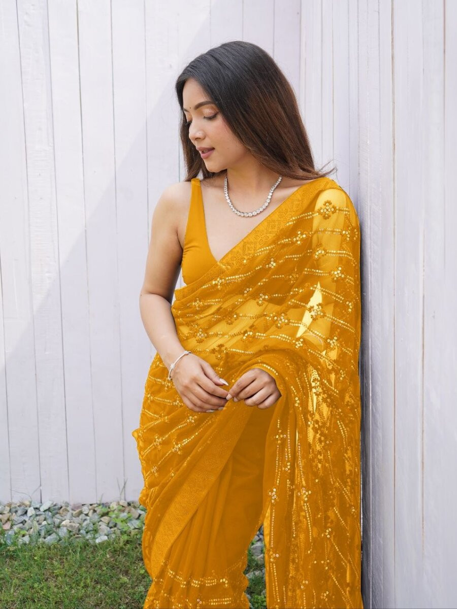 Yellow Heavy Butterfly Net Sequins Wedding Reception Party Festival Heavy Border Sarees