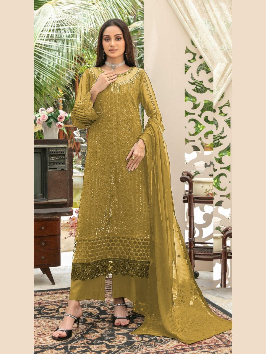 Yellow Heavy Chiffon Embroidery Sequins Wedding Party Festival Casual Palazzo Pant Salwar Kameez