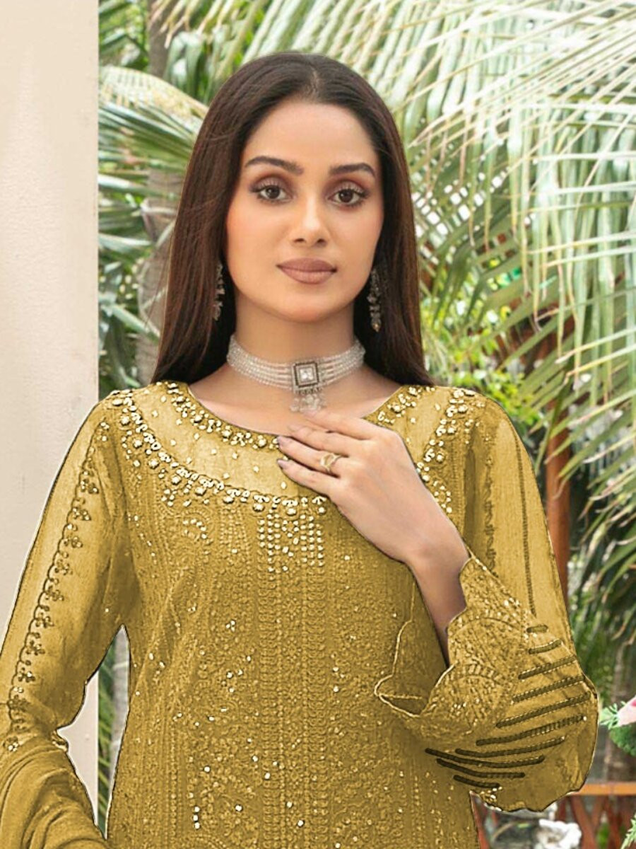 Yellow Heavy Chiffon Embroidery Sequins Wedding Party Festival Casual Palazzo Pant Salwar Kameez
