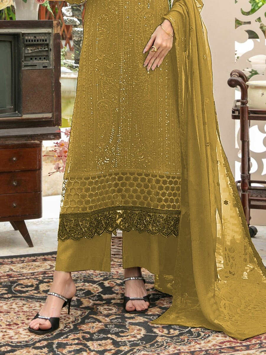 Yellow Heavy Chiffon Embroidery Sequins Wedding Party Festival Casual Palazzo Pant Salwar Kameez