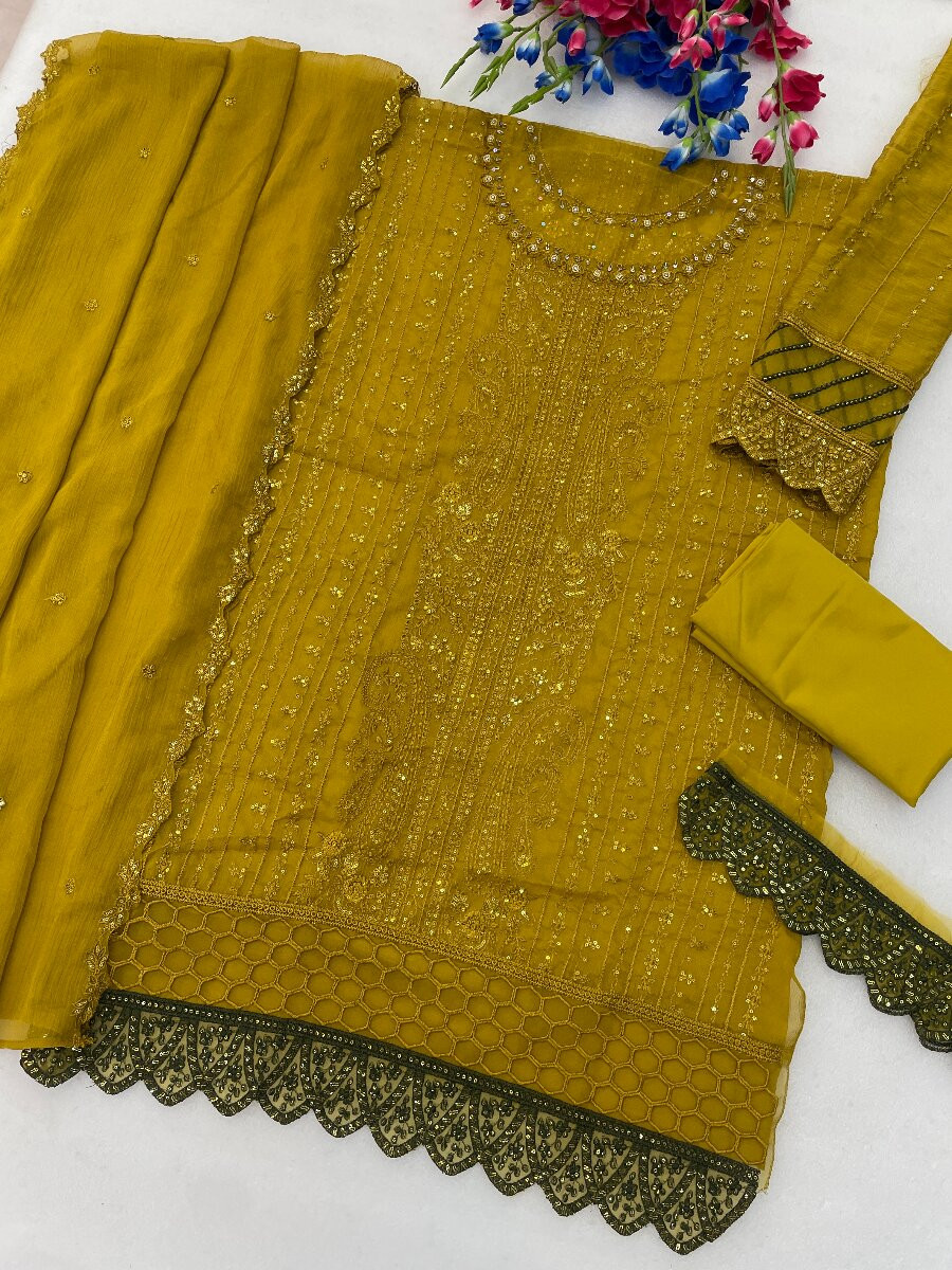 Yellow Heavy Chiffon Embroidery Sequins Wedding Party Festival Casual Palazzo Pant Salwar Kameez