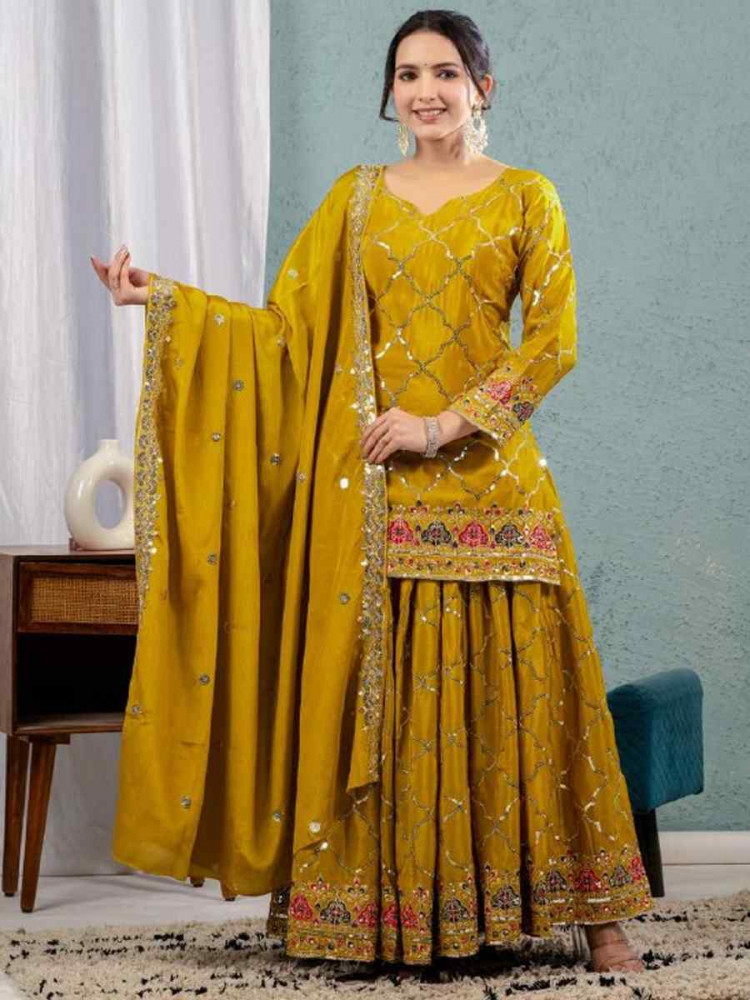 Image of Yellow Heavy Chinnon Silk Embroidery Party Wedding Festival Casual Ready Palazzo Pant Salwar Kameez