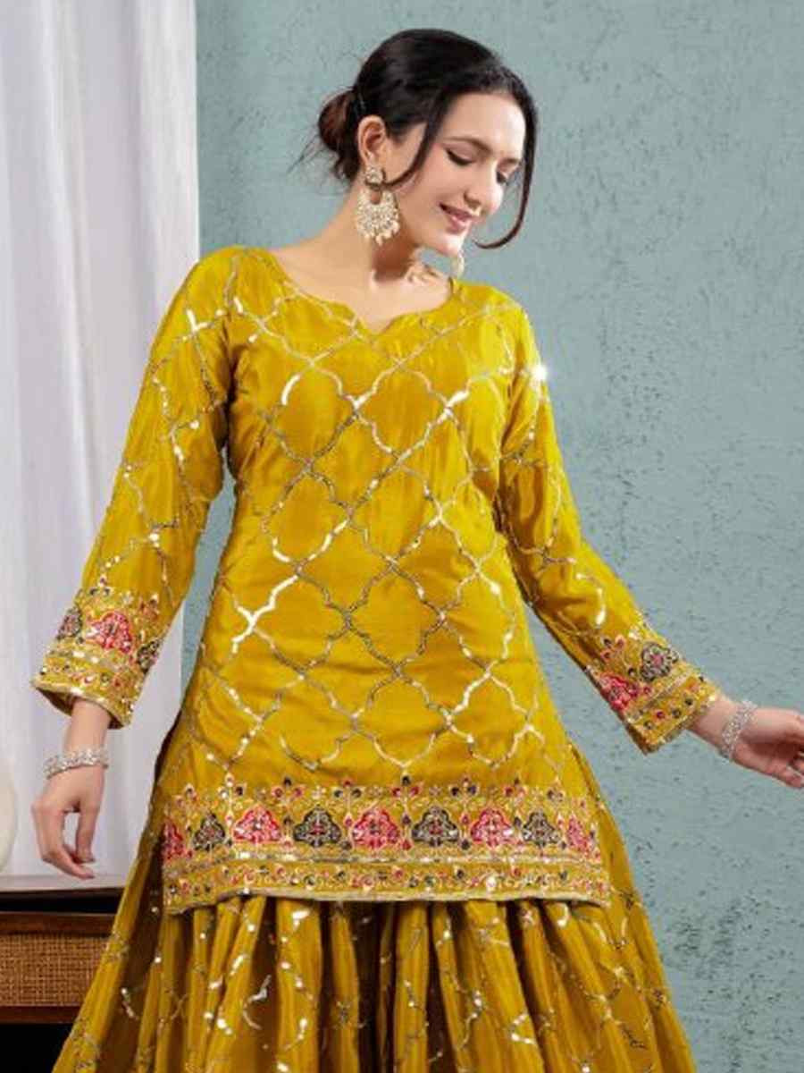 Yellow Heavy Chinnon Silk Embroidery Party Wedding Festival Casual Ready Palazzo Pant Salwar Kameez