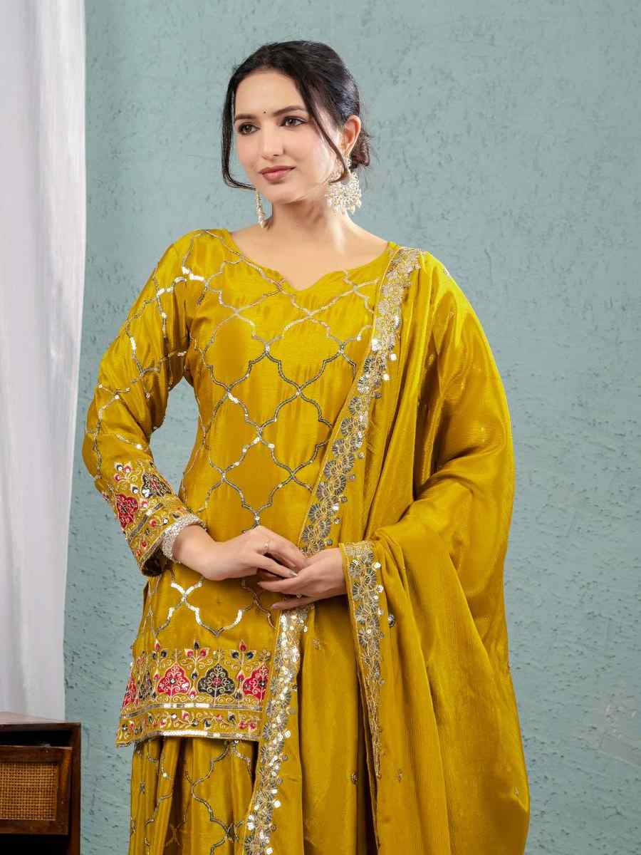 Yellow Heavy Chinnon Silk Embroidery Party Wedding Festival Casual Ready Palazzo Pant Salwar Kameez