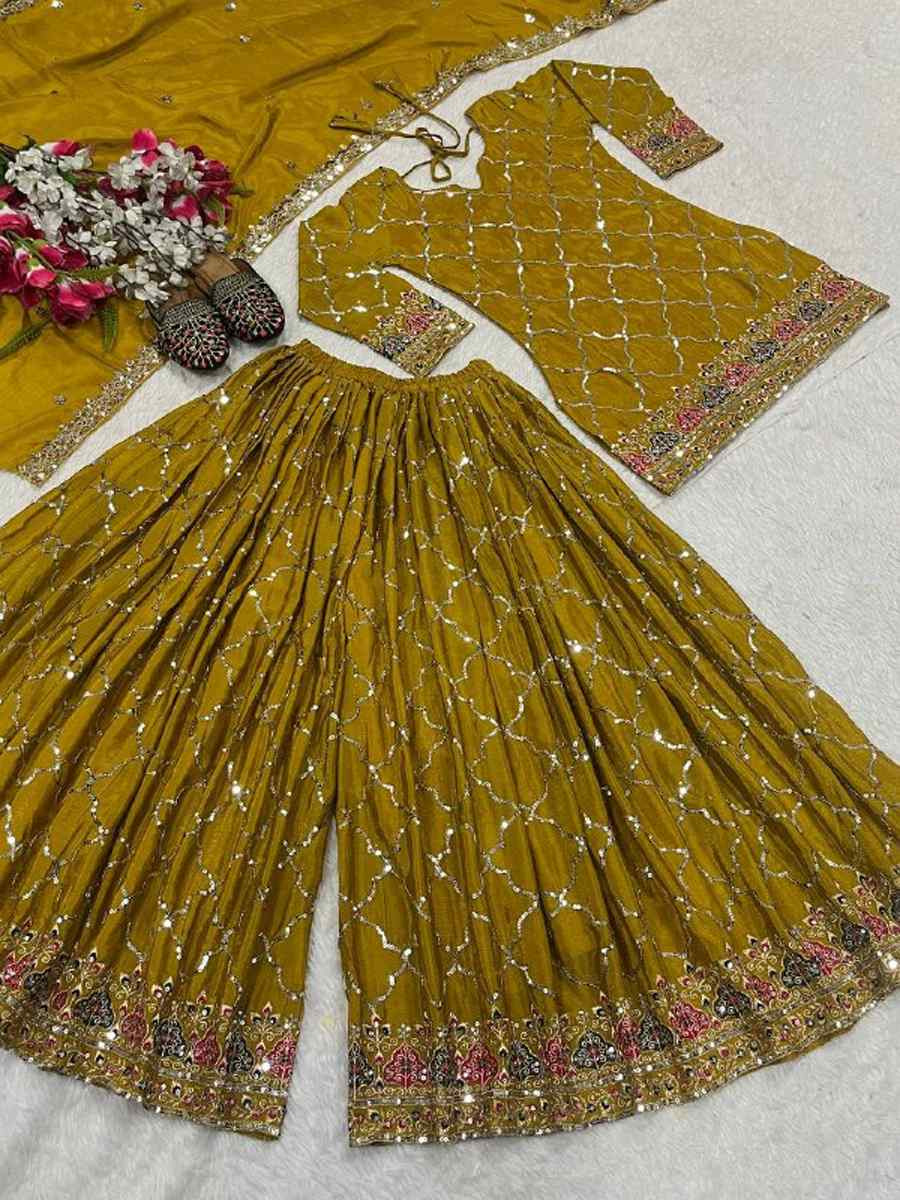 Yellow Heavy Chinnon Silk Embroidery Party Wedding Festival Casual Ready Palazzo Pant Salwar Kameez