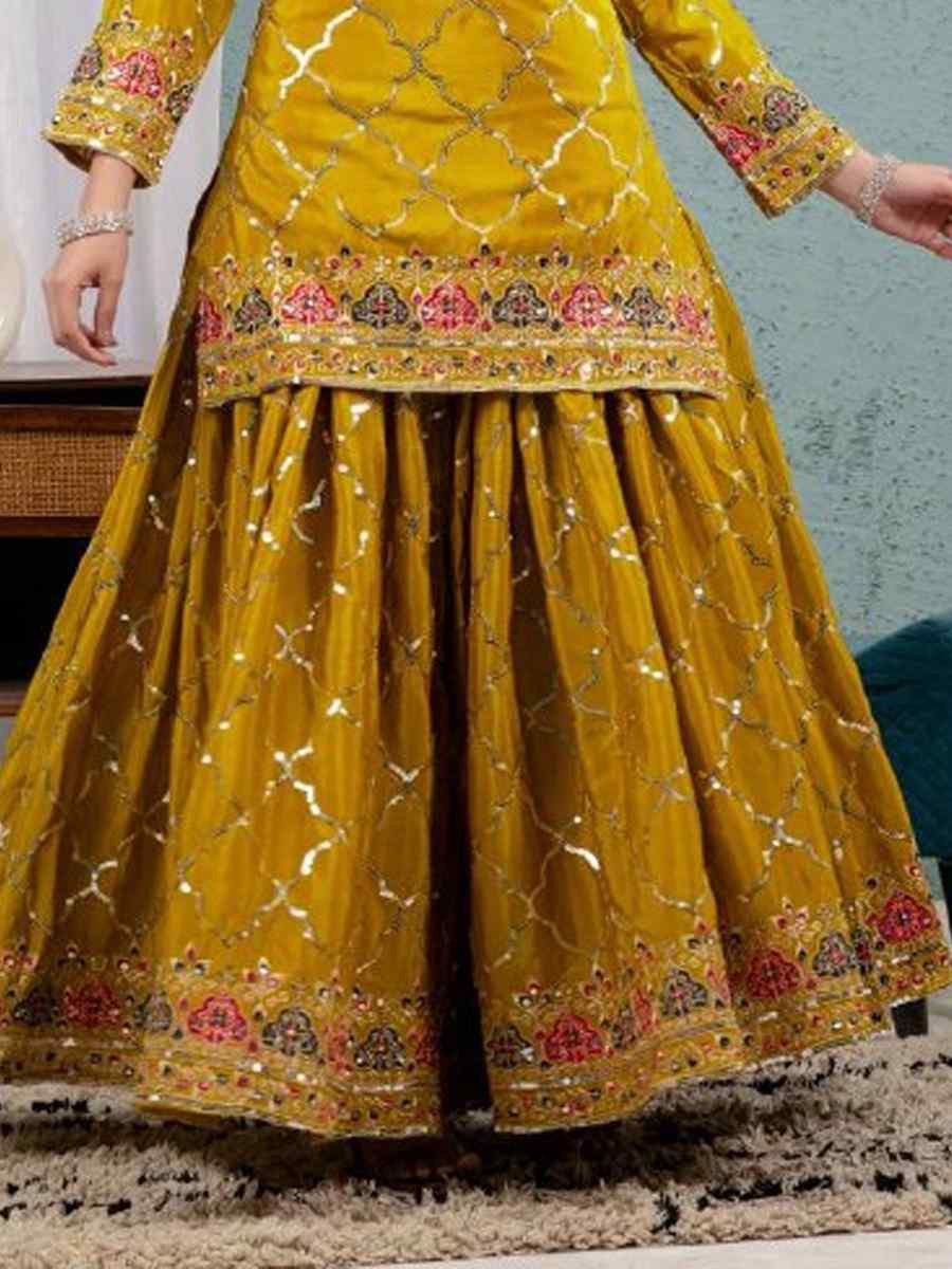 Yellow Heavy Chinnon Silk Embroidery Party Wedding Festival Casual Ready Palazzo Pant Salwar Kameez