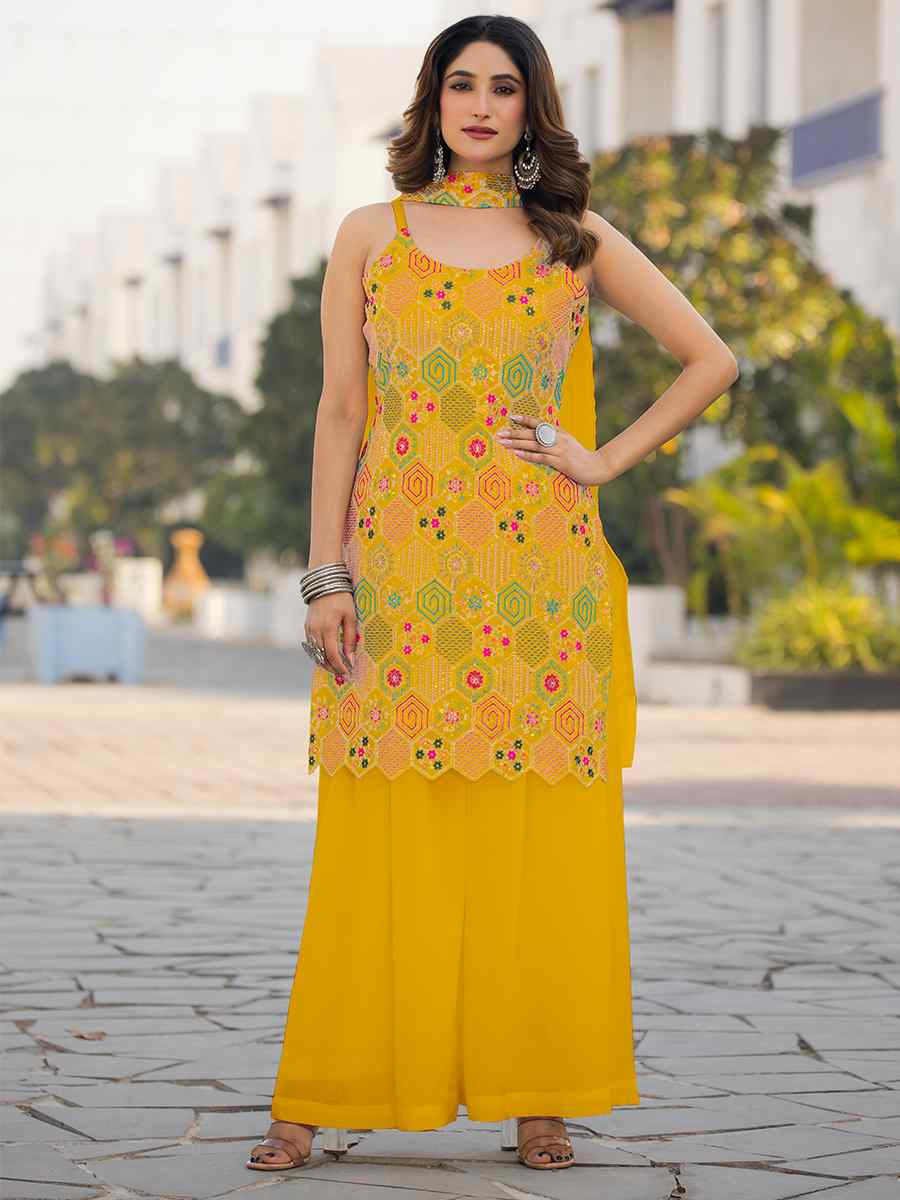 Yellow Heavy Chinon Embroidered Festive Wedding Ready Palazzo Pant Salwar Kameez
