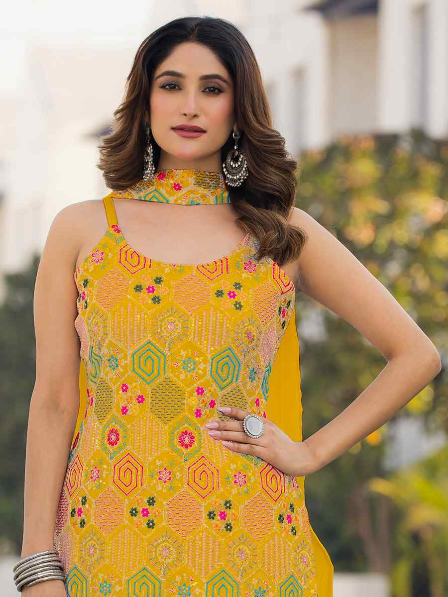 Yellow Heavy Chinon Embroidered Festive Wedding Ready Palazzo Pant Salwar Kameez