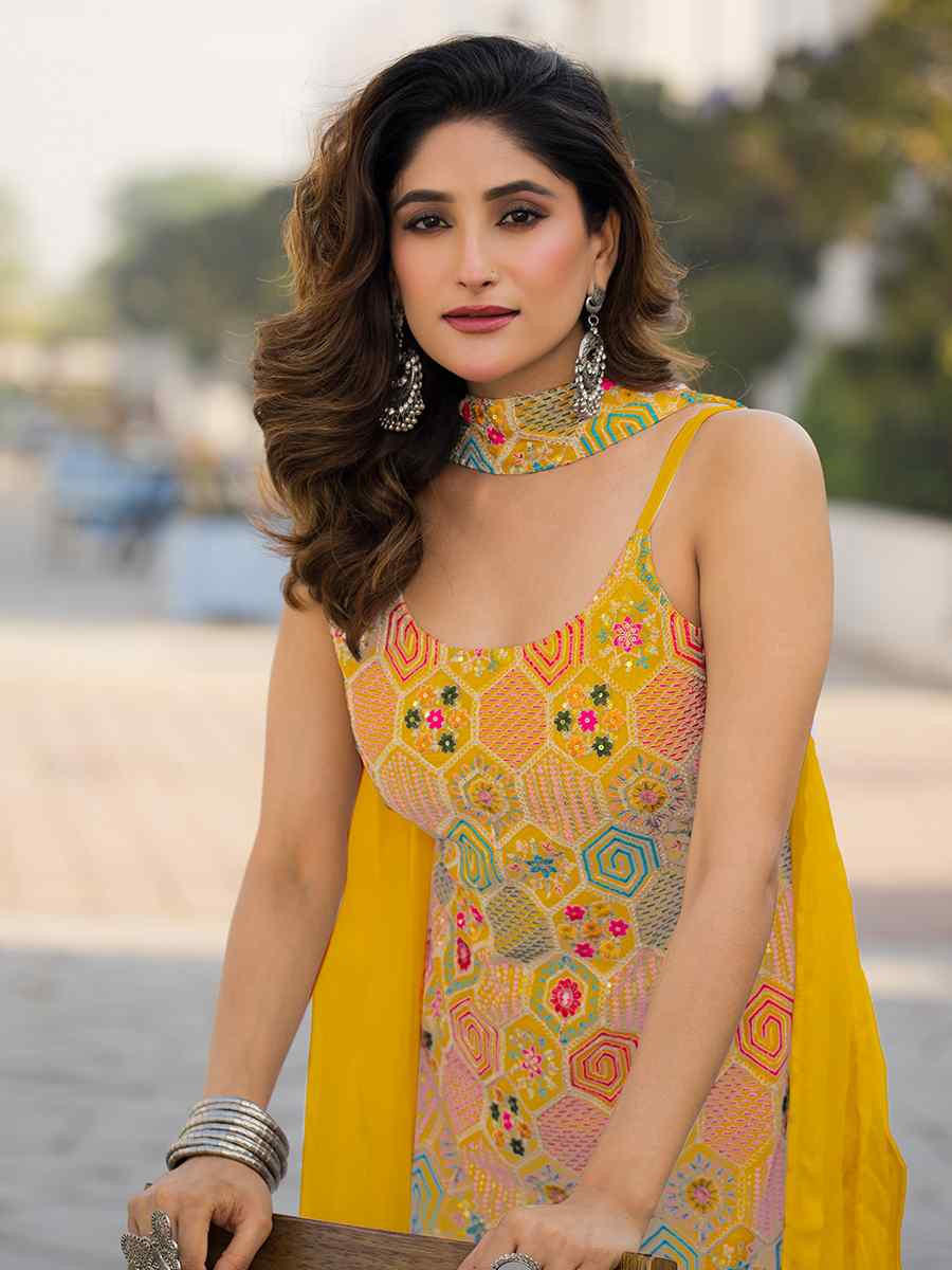 Yellow Heavy Chinon Embroidered Festive Wedding Ready Palazzo Pant Salwar Kameez
