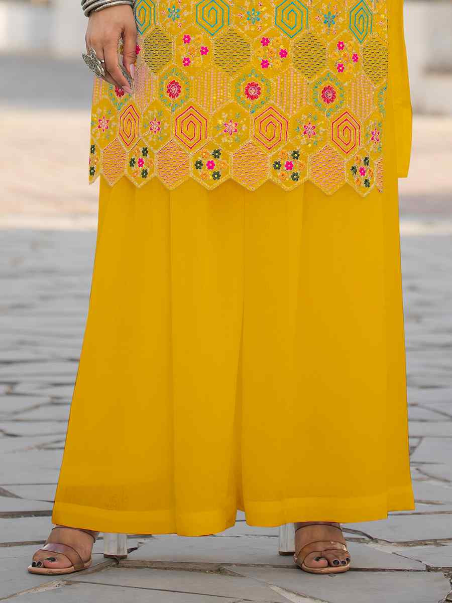 Yellow Heavy Chinon Embroidered Festive Wedding Ready Palazzo Pant Salwar Kameez