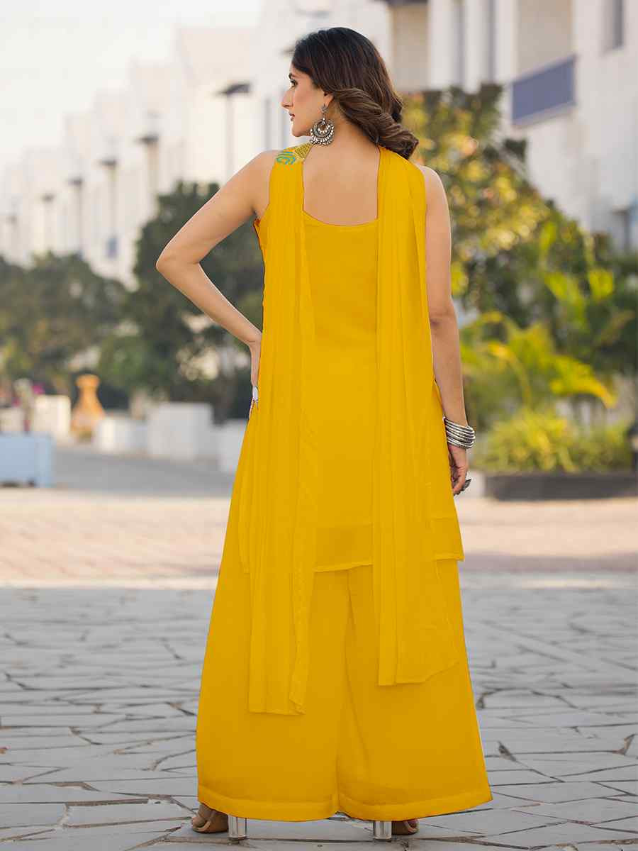 Yellow Heavy Chinon Embroidered Festive Wedding Ready Palazzo Pant Salwar Kameez