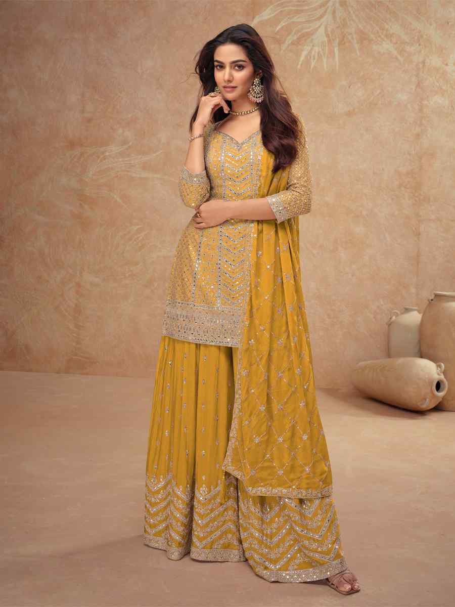 Yellow Heavy Chinon Embroidered Festival Casual Sharara Salwar Kameez