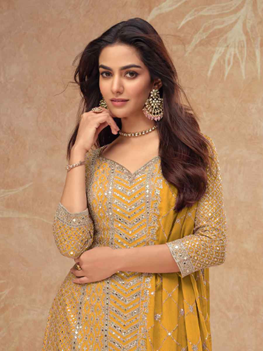 Yellow Heavy Chinon Embroidered Festival Casual Sharara Salwar Kameez