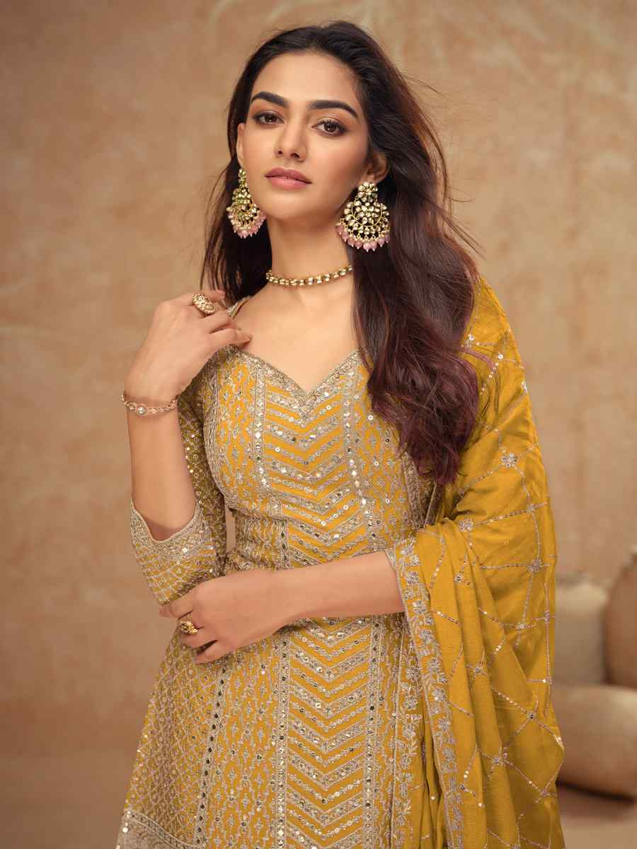 Yellow Heavy Chinon Embroidered Festival Casual Sharara Salwar Kameez