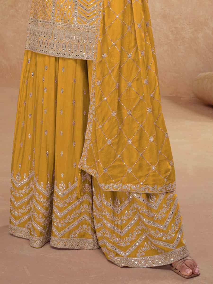 Yellow Heavy Chinon Embroidered Festival Casual Sharara Salwar Kameez