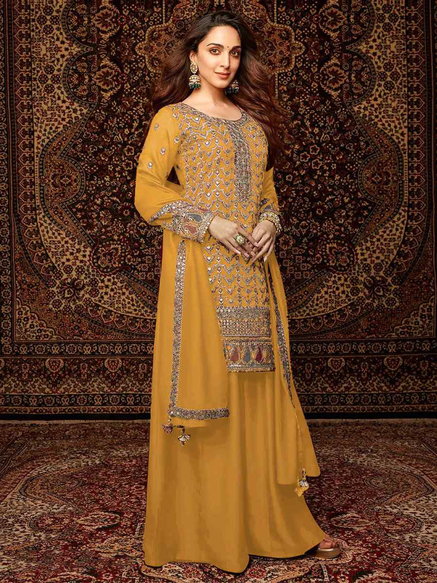 Yellow Heavy Chinon Embroidered Festival Wedding Palazzo Pant Salwar Kameez