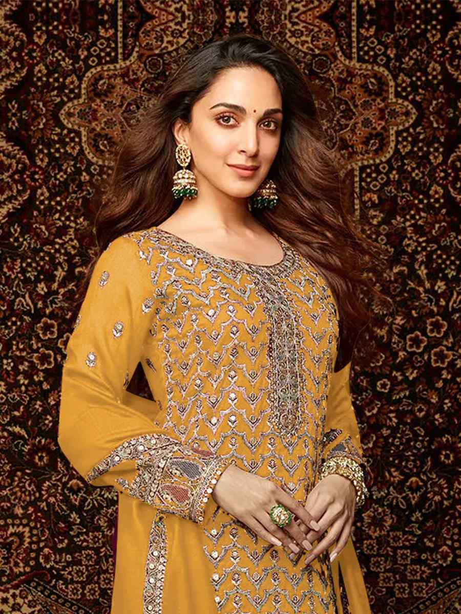 Yellow Heavy Chinon Embroidered Festival Wedding Palazzo Pant Salwar Kameez