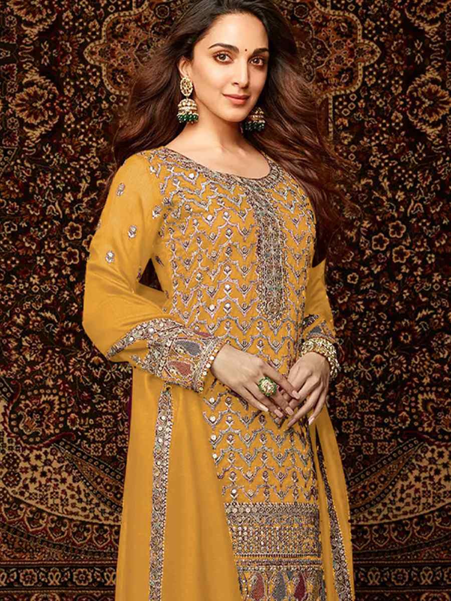 Yellow Heavy Chinon Embroidered Festival Wedding Palazzo Pant Salwar Kameez