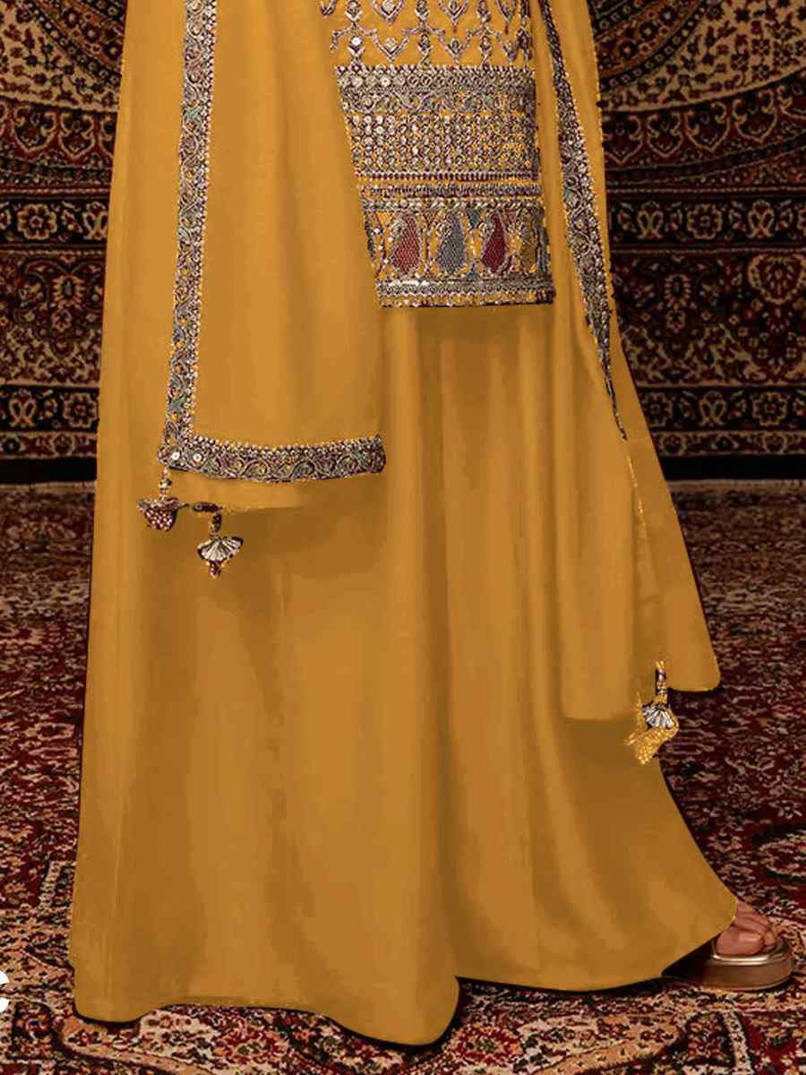 Yellow Heavy Chinon Embroidered Festival Wedding Palazzo Pant Salwar Kameez