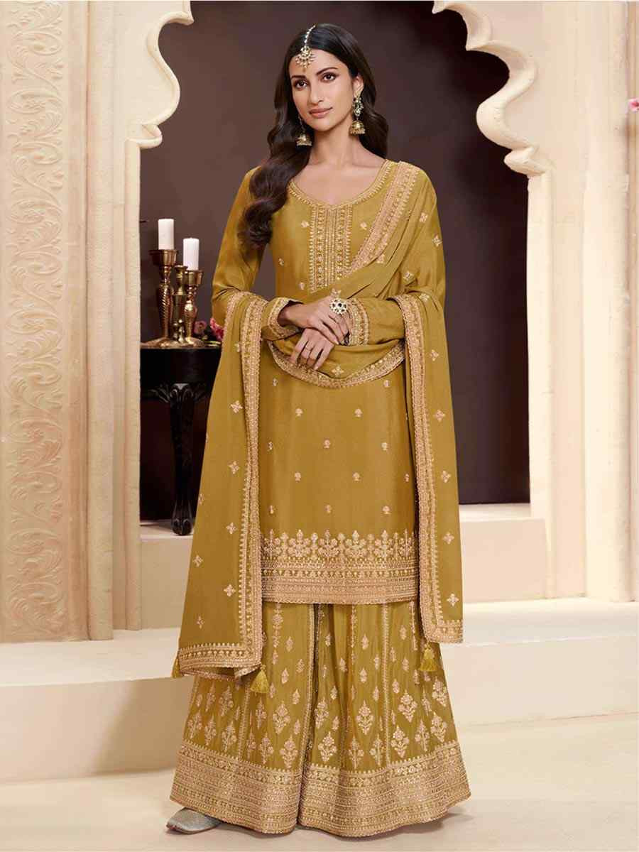 Yellow Heavy Chinon Embroidered Festival Wedding Palazzo Pant Salwar Kameez