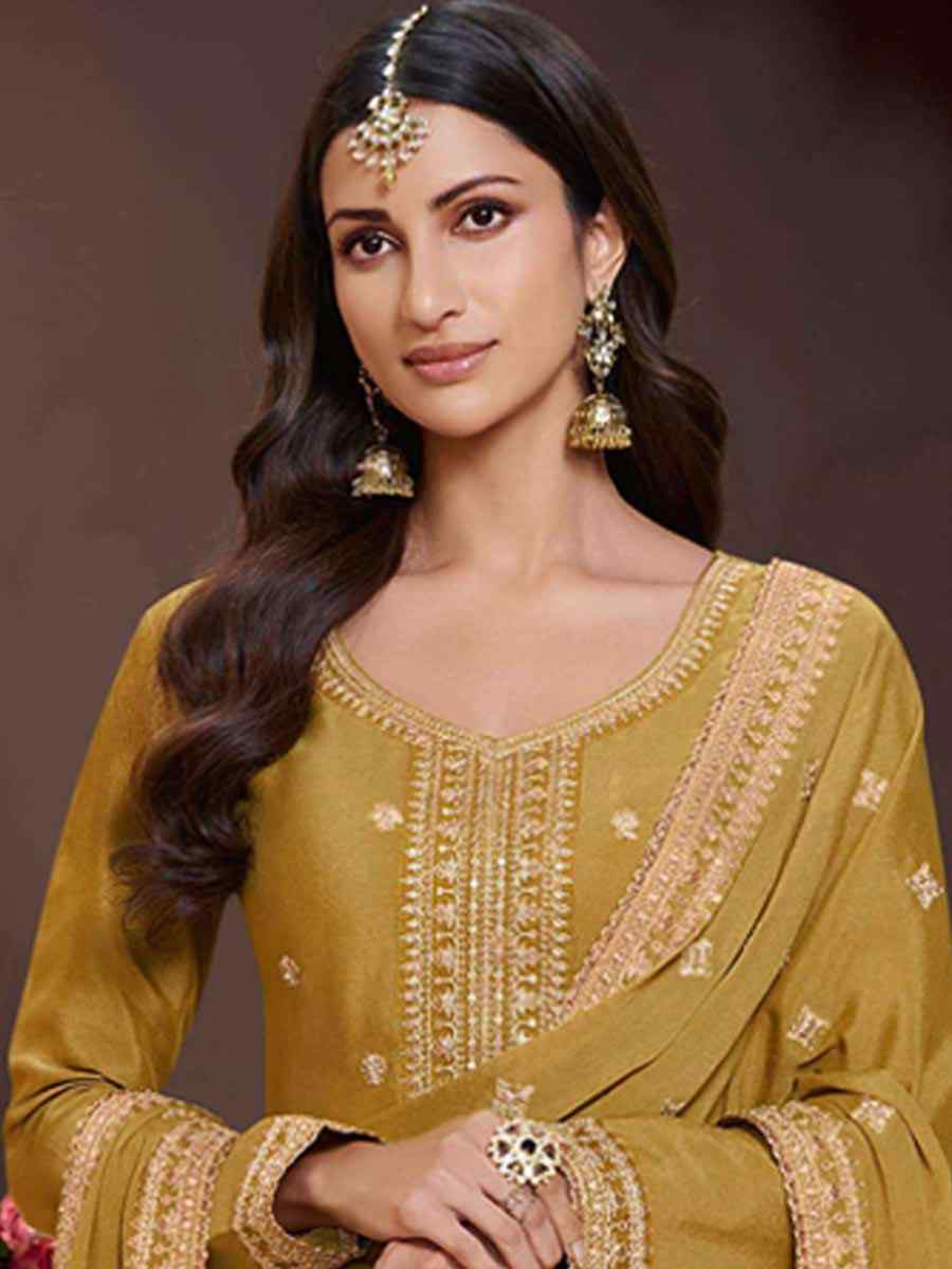 Yellow Heavy Chinon Embroidered Festival Wedding Palazzo Pant Salwar Kameez