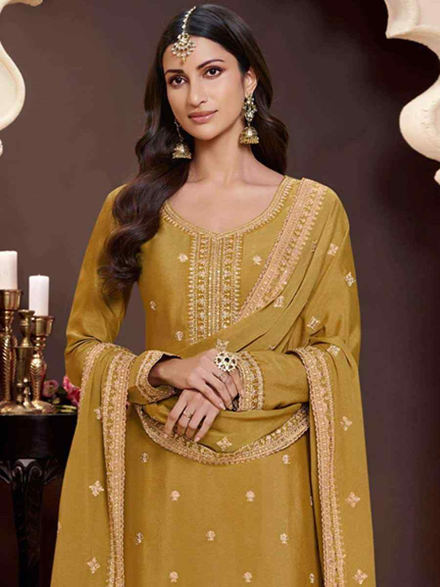 Yellow Heavy Chinon Embroidered Festival Wedding Palazzo Pant Salwar Kameez