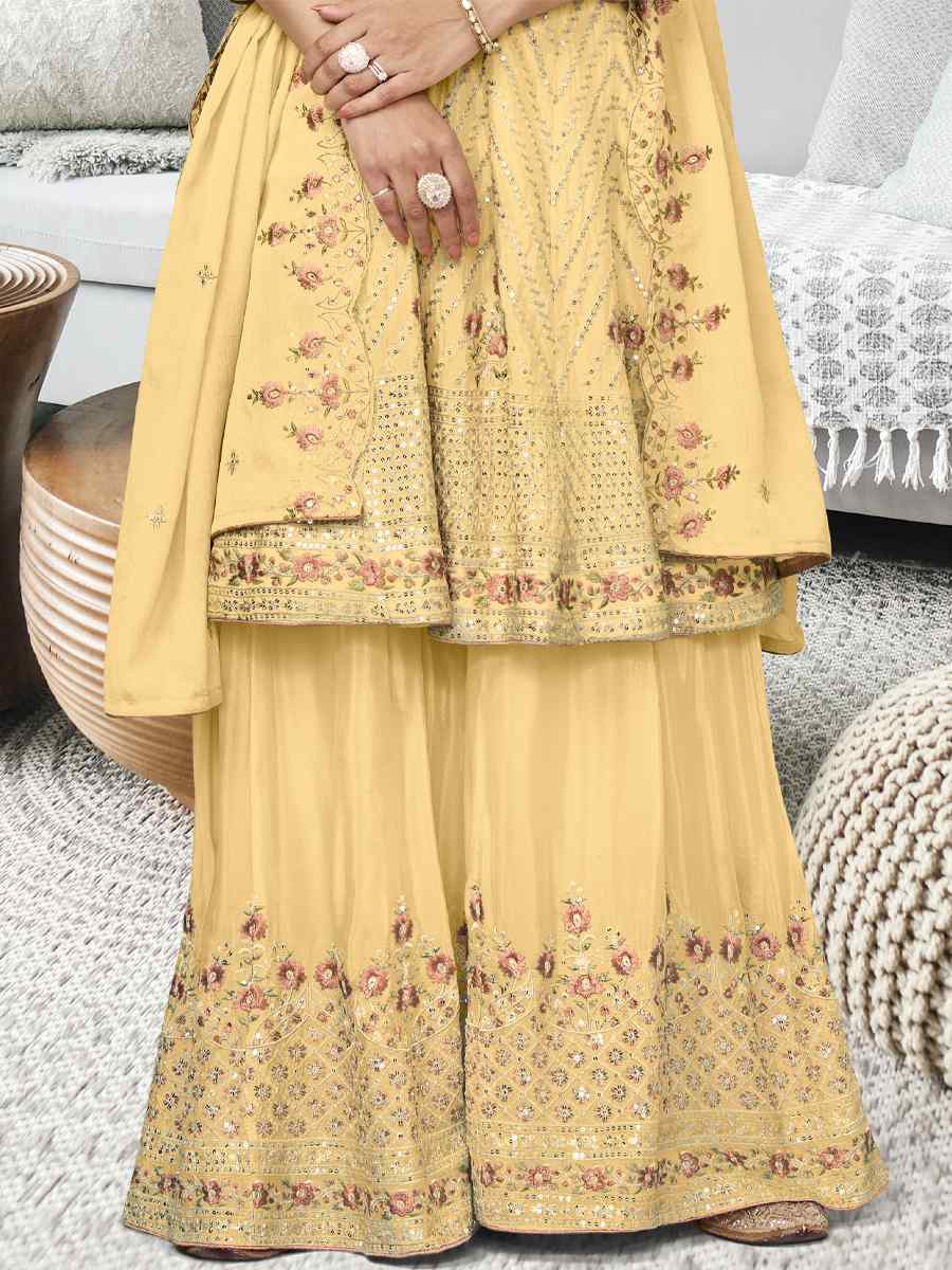 Yellow Heavy Chinon Embroidered Festival Wedding Sharara Pant Salwar Kameez