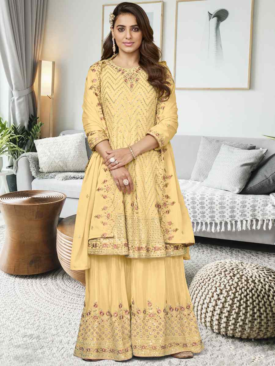 Yellow Heavy Chinon Embroidered Festival Wedding Sharara Pant Salwar Kameez