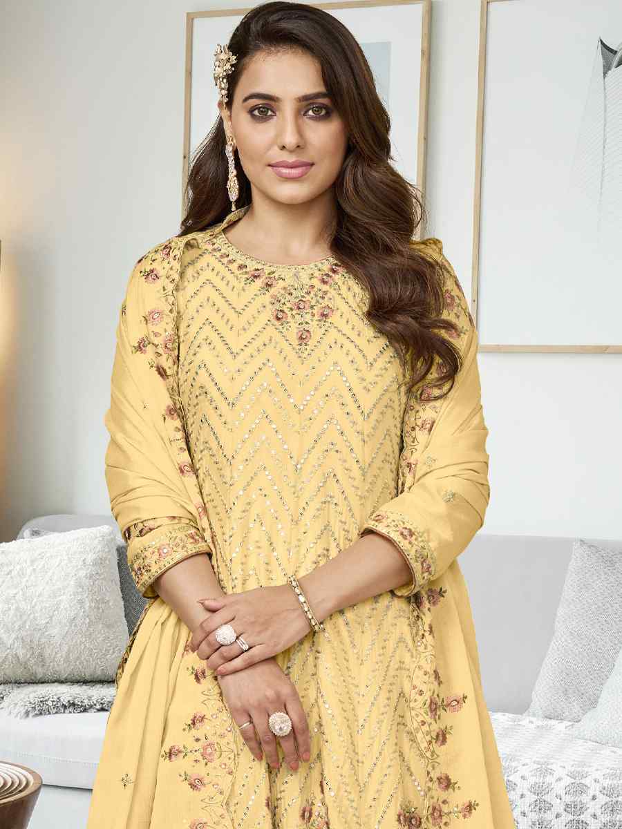 Yellow Heavy Chinon Embroidered Festival Wedding Sharara Pant Salwar Kameez
