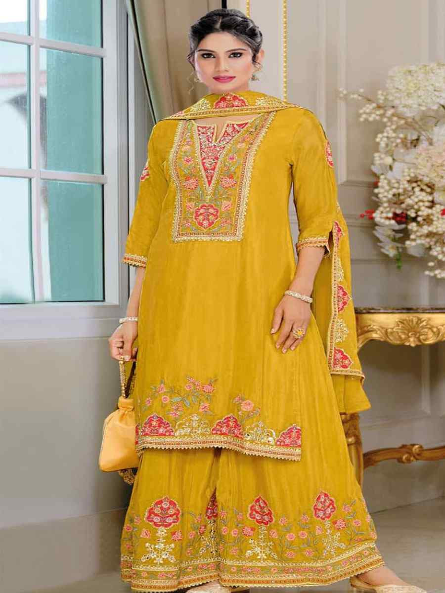 Yellow Heavy Chinon Embroidered Festival Wedding Sharara Pant Salwar Kameez