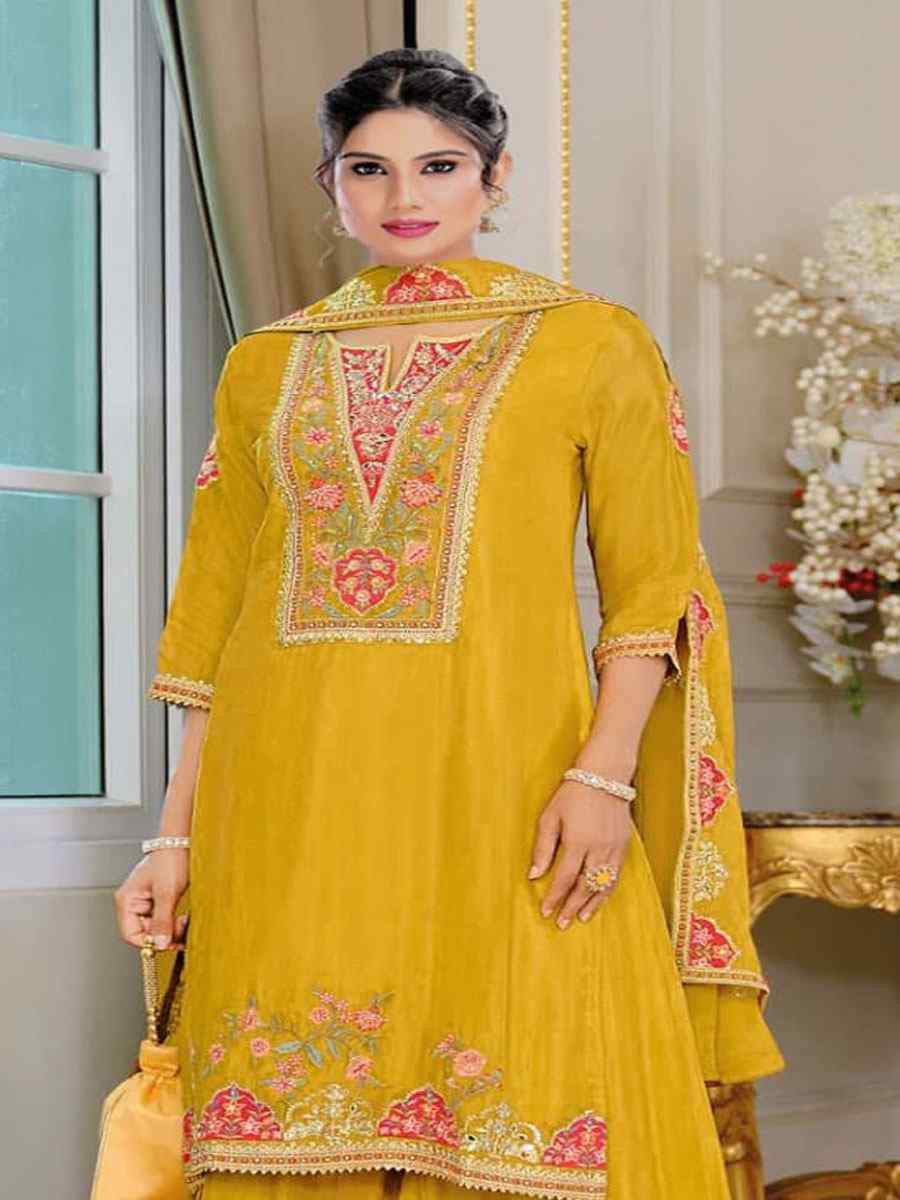 Yellow Heavy Chinon Embroidered Festival Wedding Sharara Pant Salwar Kameez
