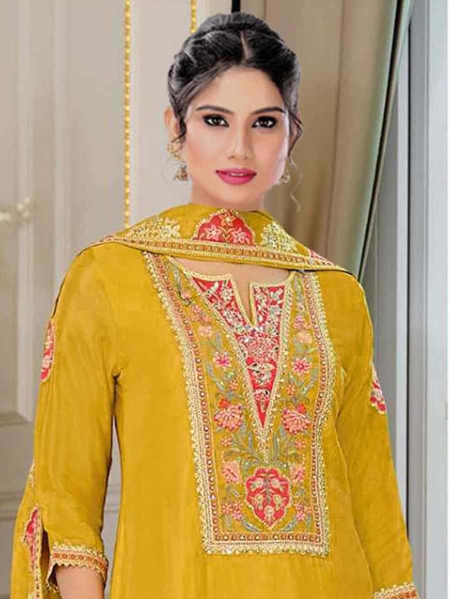 Yellow Heavy Chinon Embroidered Festival Wedding Sharara Pant Salwar Kameez
