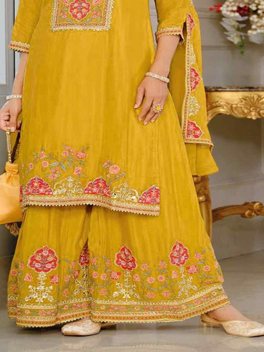 Yellow Heavy Chinon Embroidered Festival Wedding Sharara Pant Salwar Kameez