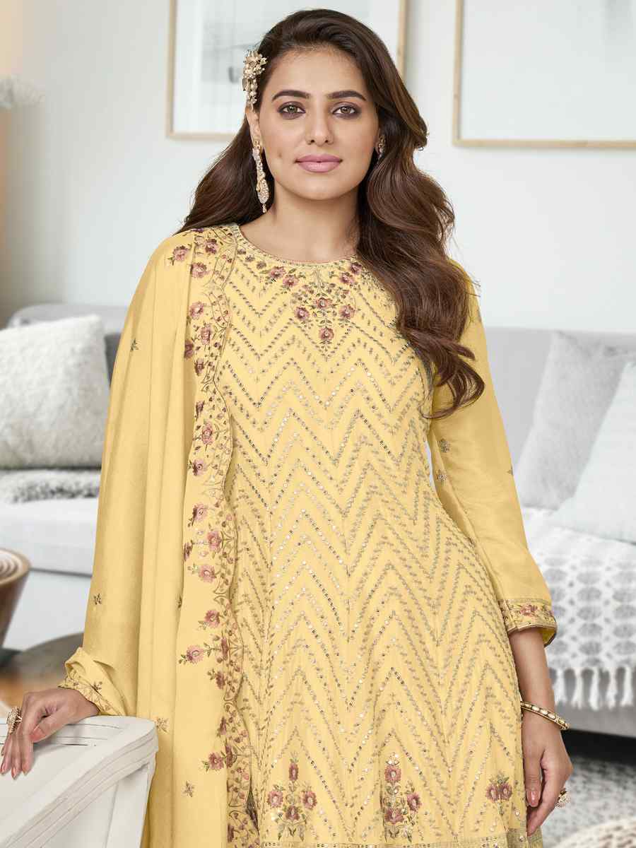 Yellow Heavy Chinon Embroidered Festival Wedding Sharara Pant Salwar Kameez