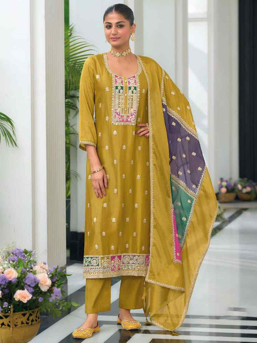 Yellow Heavy Chinon Embroidery Party Wedding Festival Casual Ready Pant Salwar Kameez