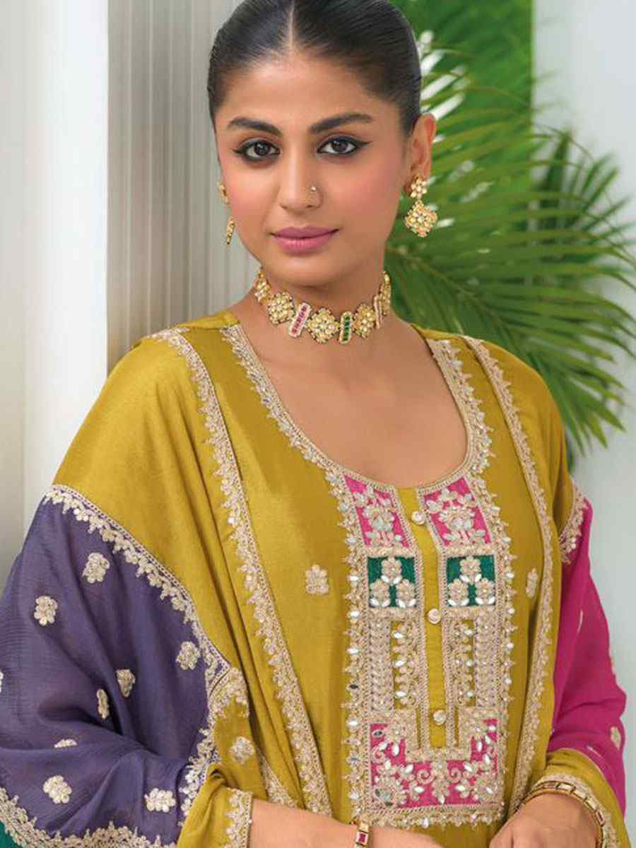Yellow Heavy Chinon Embroidery Party Wedding Festival Casual Ready Pant Salwar Kameez