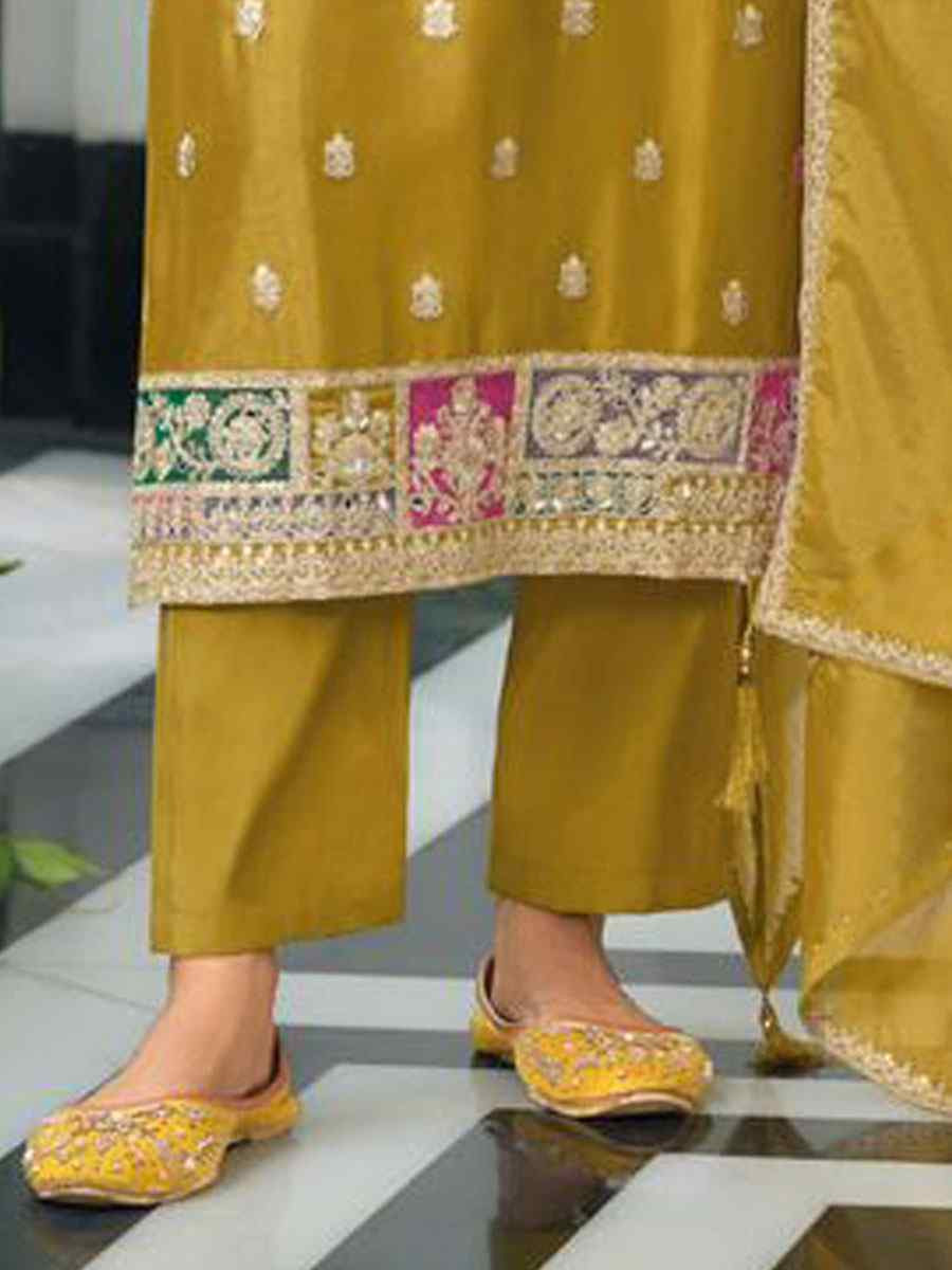 Yellow Heavy Chinon Embroidery Party Wedding Festival Casual Ready Pant Salwar Kameez