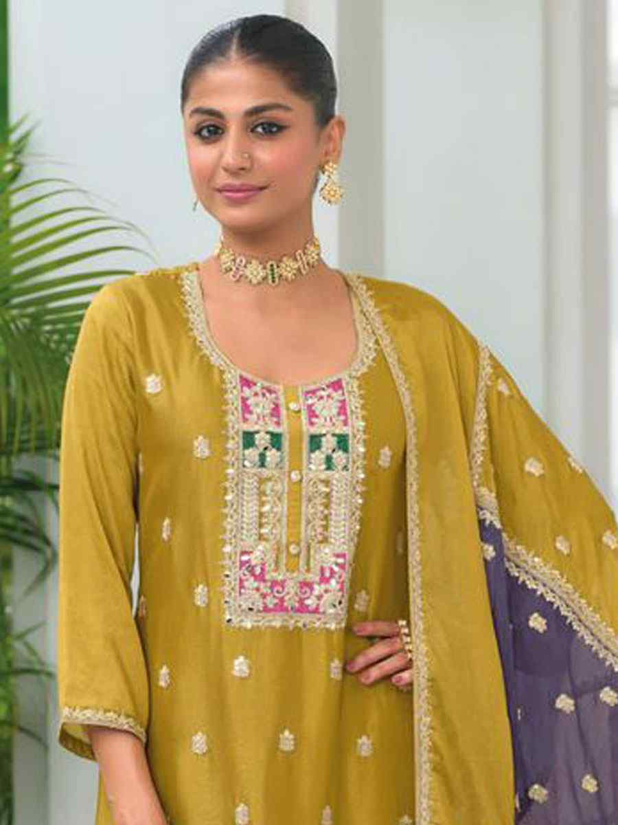 Yellow Heavy Chinon Embroidery Party Wedding Festival Casual Ready Pant Salwar Kameez