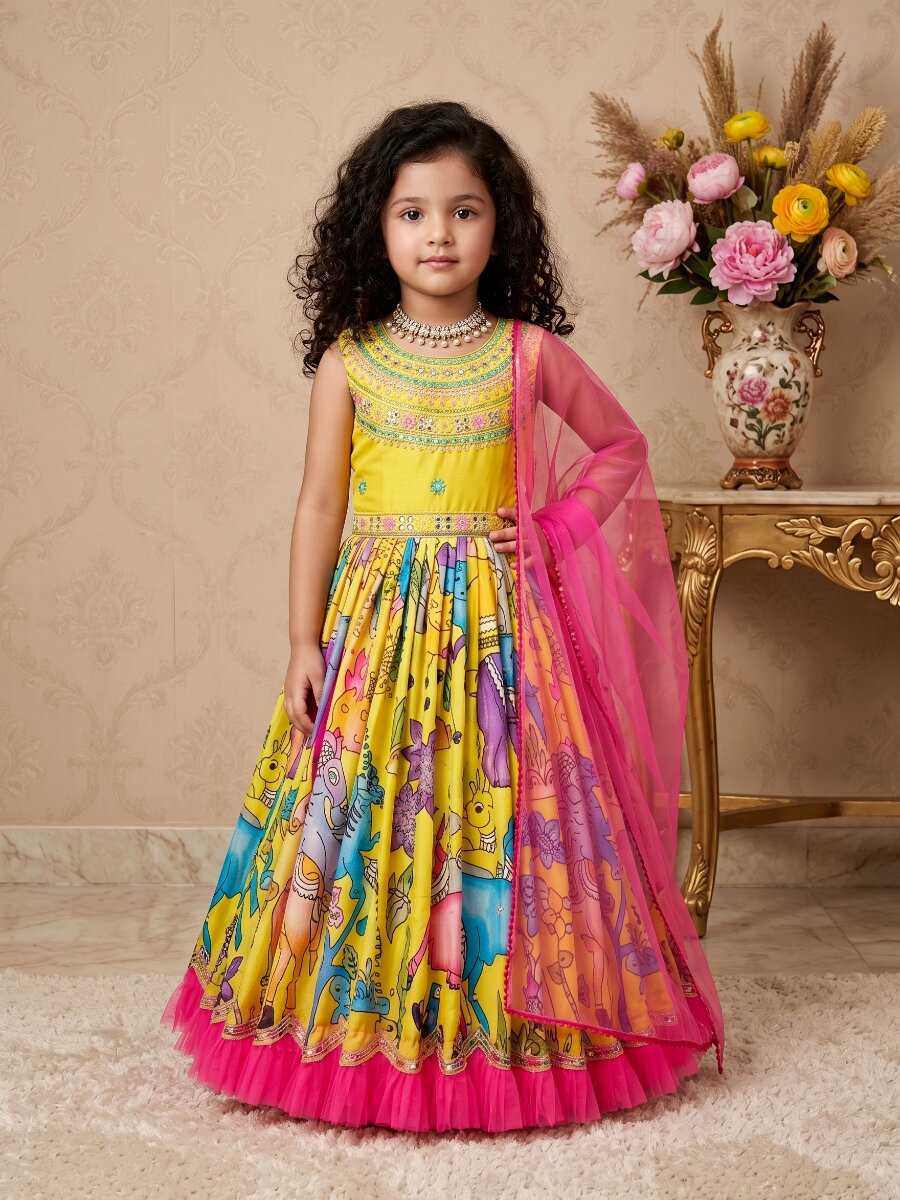 Yellow Heavy Chinon Printed Embroidered Sequins Ethnic Casual Festival Party Wedding Gown