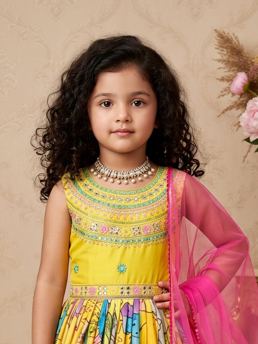 Yellow Heavy Chinon Printed Embroidered Sequins Ethnic Casual Festival Party Wedding Gown
