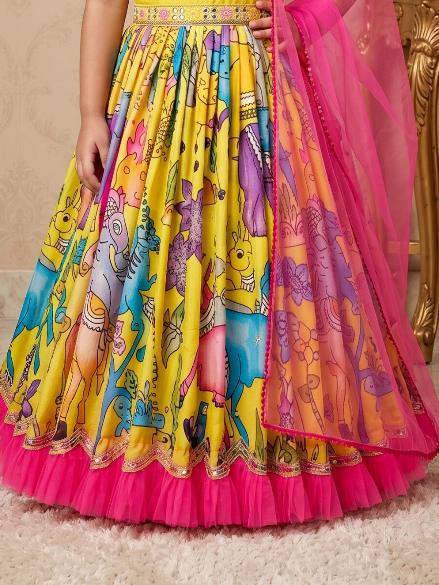 Yellow Heavy Chinon Printed Embroidered Sequins Ethnic Casual Festival Party Wedding Gown