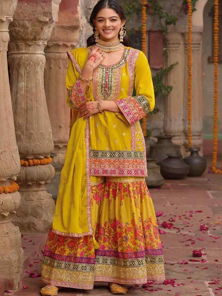 Yellow Heavy Chinon Silk Embroidered Festival Mehendi Ready Sharara Salwar Kameez